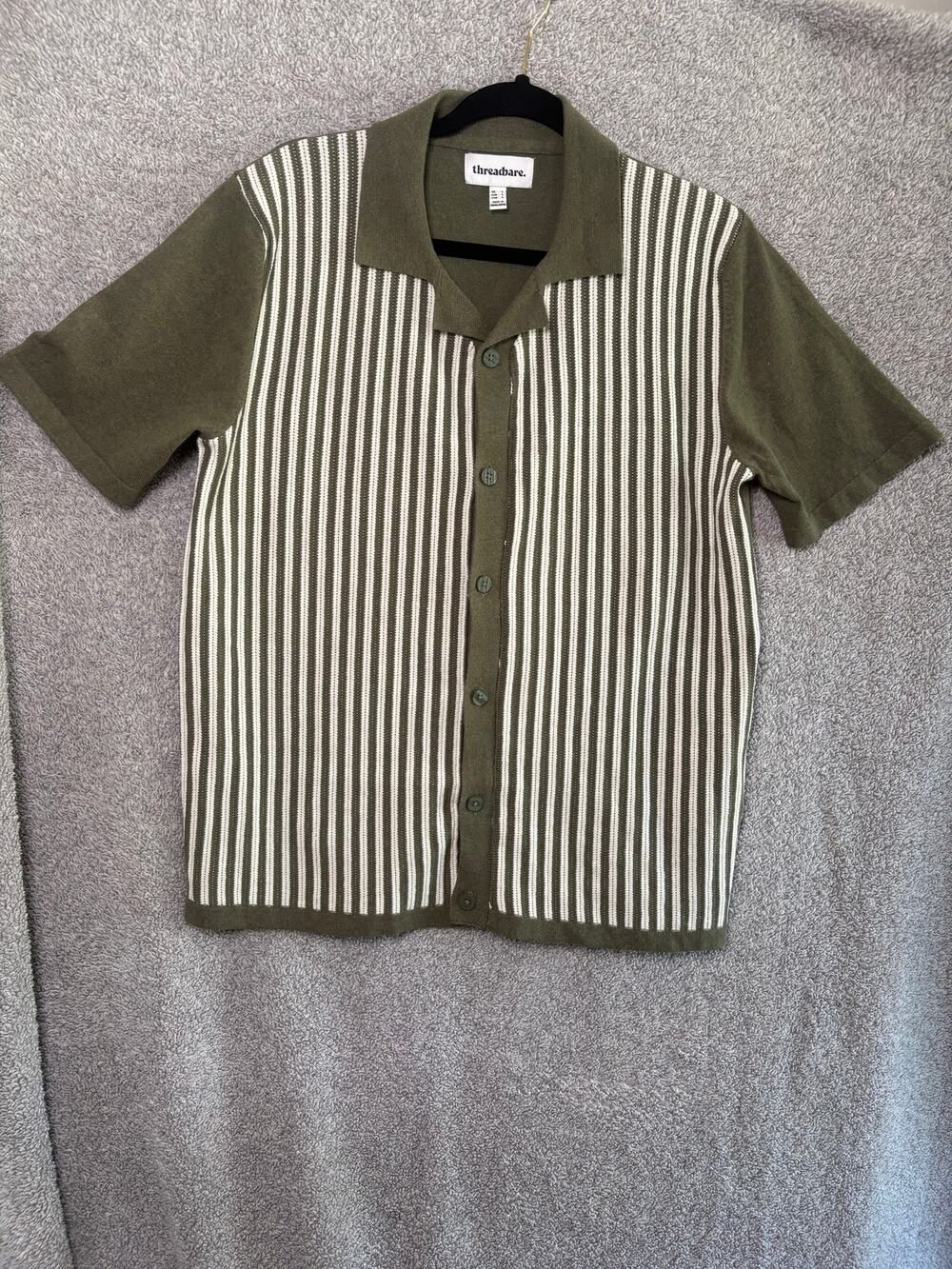 Chandler Bing 90s Retro Knit Polo Olive Striped Grandpa L